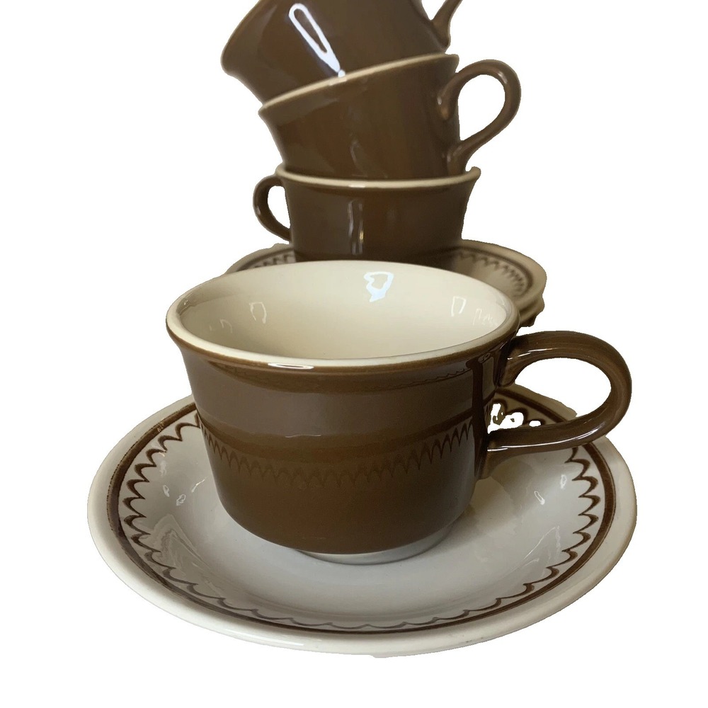 Vintage Brown White Ironstone "Nutmeg" Cup & Saucers Set Of 4 Cottage VTG Granny